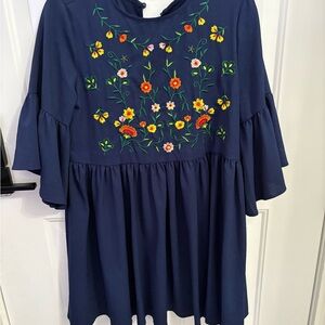 Navy Blue Embroidered Kids Dress